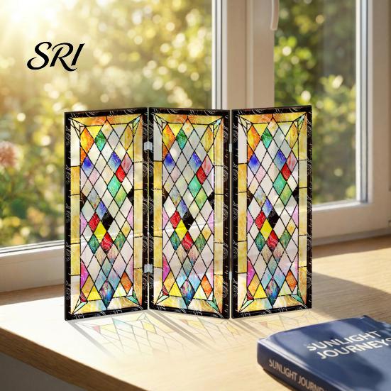 Colorful Folding Screen Mini Decorative Stained Glass Effect 3 Panel Divider Acrylic Desktop Office Desk Decoration Ornament for Home Living