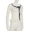 2025 Spring French Style Polka Dot Ruffle Trim Tie-Up Slim Fit Top for Women