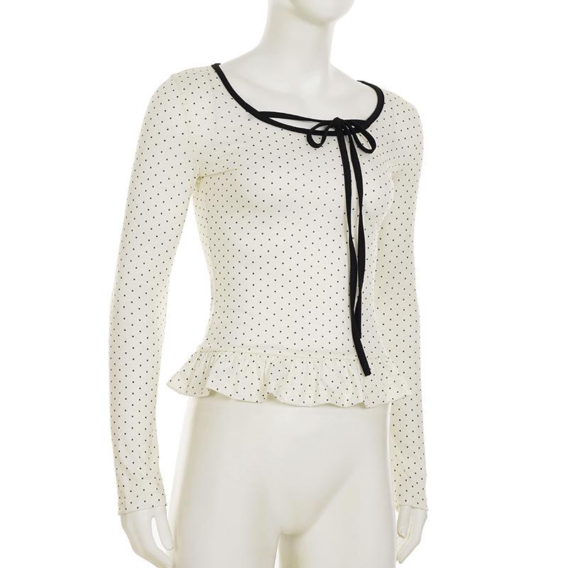 2025 Spring French Style Polka Dot Ruffle Trim Tie-Up Slim Fit Top for Women