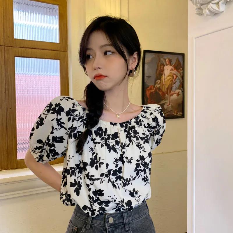 Jednodílný top s výstřihem, květinová šifonová košile, dámské tričko, volné, odhalující ramena, krátký rukáv