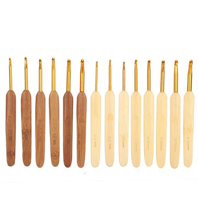 14PcsSet Gold Head Crochet Hook Pen Type Bamboo Carbonized Handle Knitting Needle