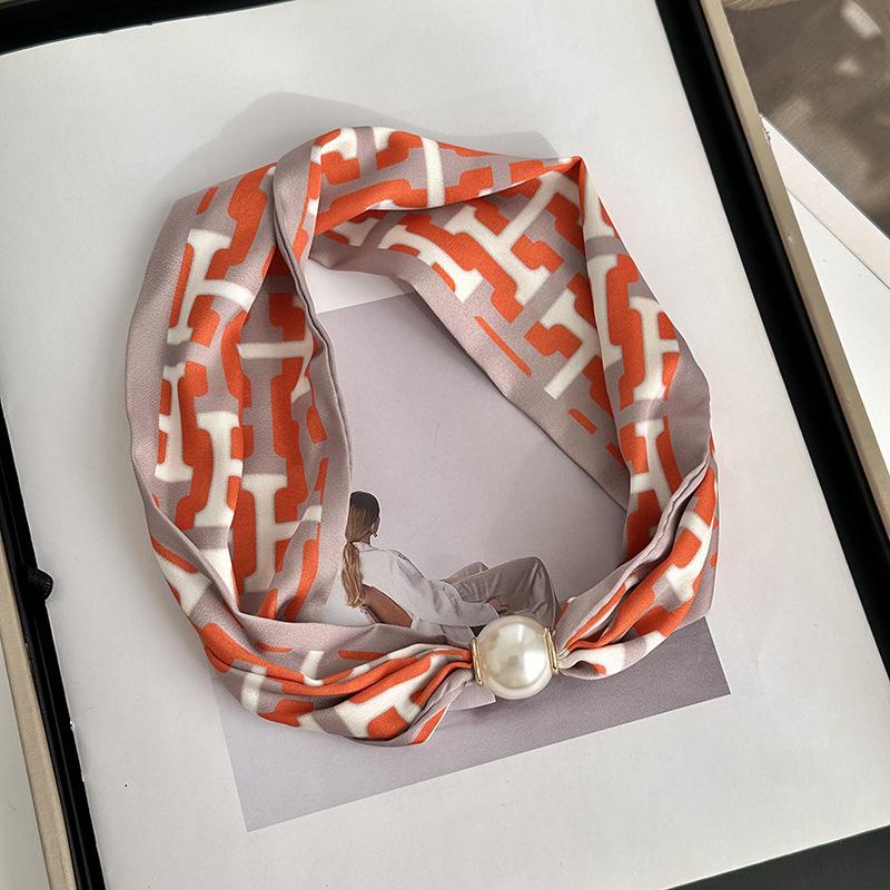 Silk scarf long strip high-end spring and summer new versatile pearl necklace neck chain scarf magnetic buckle silk scarf
