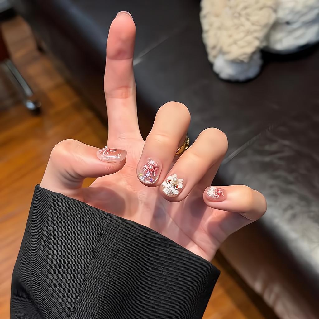 Press on Nails Artificial Acrylic Nails Glossy False Nails Full Cover Stick on Nails Square Fake Nails with Glitter Design Glue on Nails for Women
