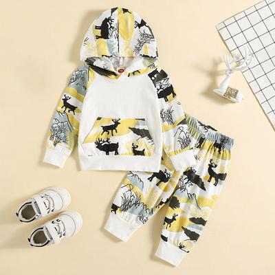 0 To 18 Months Baby Boys Elk Print Long Sleeve Hooded Pocket Hoodie Pant Set