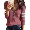 T-shirt Top da Donna a Manica Lunga con Zip e Scollo a V Splicing Taglia Grande
