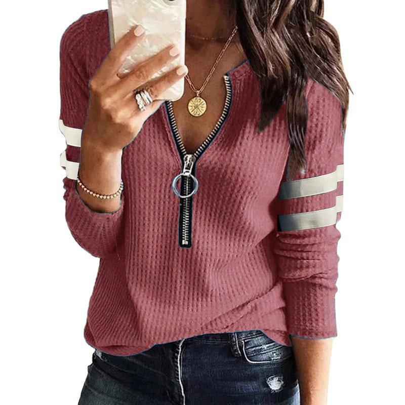 T-shirt Top da Donna a Manica Lunga con Zip e Scollo a V Splicing Taglia Grande