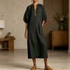 Robe d'été en coton et lin pour femme Robe tunique longue décontractée à manches courtes bouffantes Fermeture éclair Col rond Coupe ample Robe de vacances avec poches
