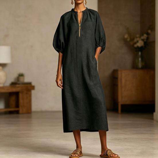 Robe d'été en coton et lin pour femme Robe tunique longue décontractée à manches courtes bouffantes Fermeture éclair Col rond Coupe ample Robe de vacances avec poches