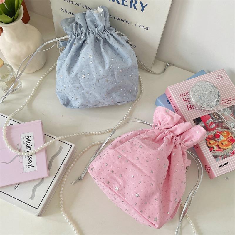 Star Sequins Fashionable Small Fresh Shoulder Bag New Canvas Bag Drawstring Strap Messenger Bag