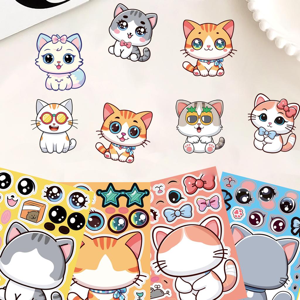 16/24PCS Cute Cat Face Changing Stationery Notebook Reward Stickers DIY Puzzle Make a Face Cartoon Stickers