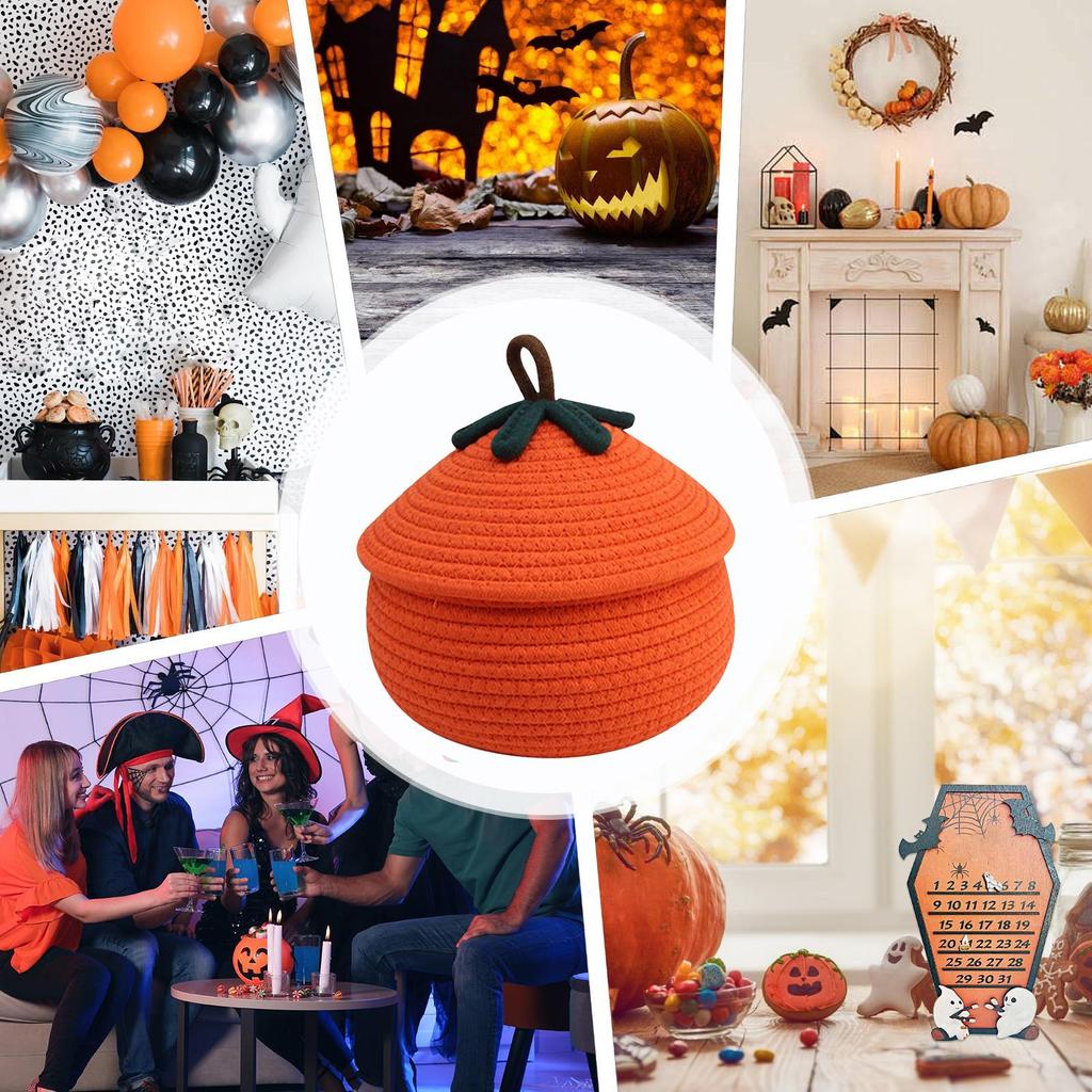 Halloween Gewebter Kürbiskorb mit Deckel Kürbis-Geschenkkorb Multifunktions-Süßigkeitenkorb Dekorativ für Süßigkeiten Snacks Spielzeug