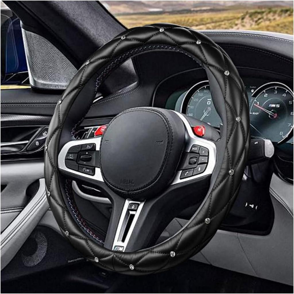 Diamond Soft Leather Bling Steering Wheel Cover, Universal Car Steering Wheel Protector with Crystal Rhinestones, 15 Inch Anti-Slip Interior