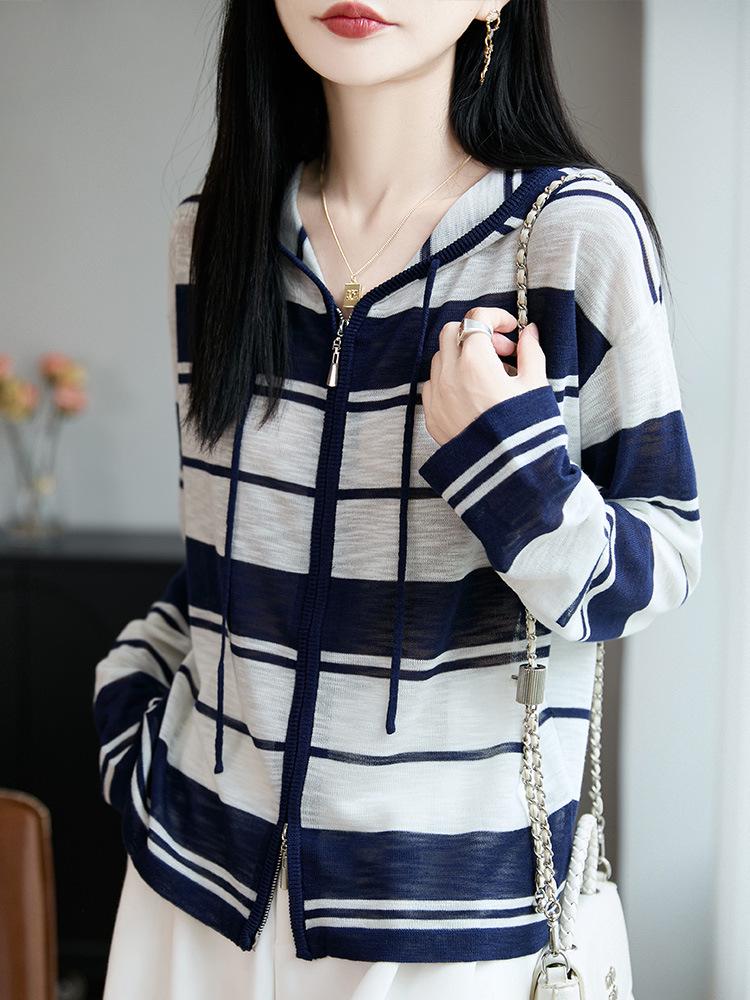 Versatile Plus Size Striped Knit Hooded Cardigan for Women - Early Autumn & Spring Fashion