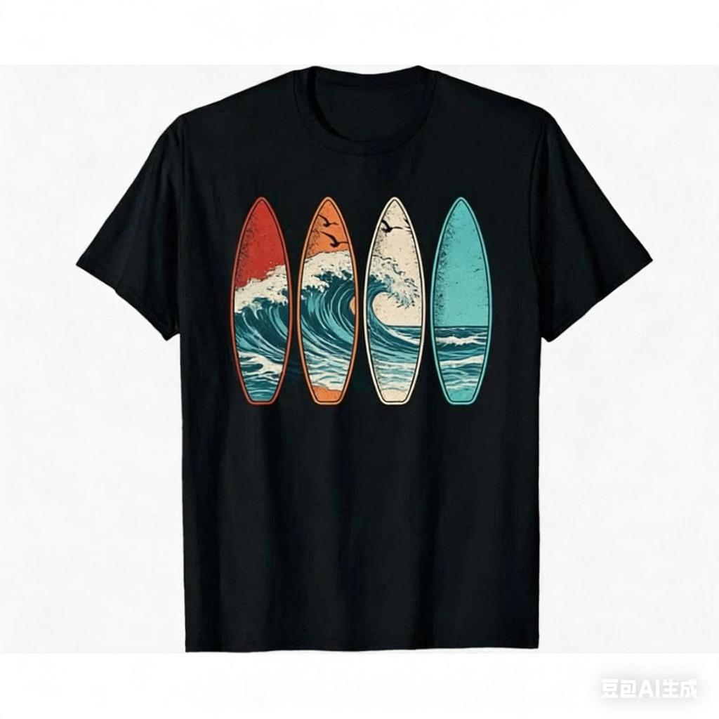 Herren Vintage Surfbrett Welle Grafik T-Shirt Lässige Streetwear
