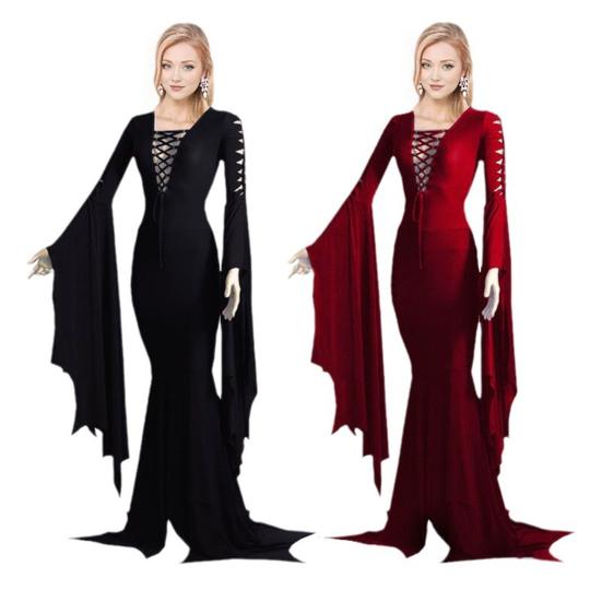 Women Halloween Dress Lace-up Slim Fit Irregular Ruffle Cuff Bell Sleeves Hollow Out Round Neck Solid Color Vampires Cosplay Performance Maxi Dress