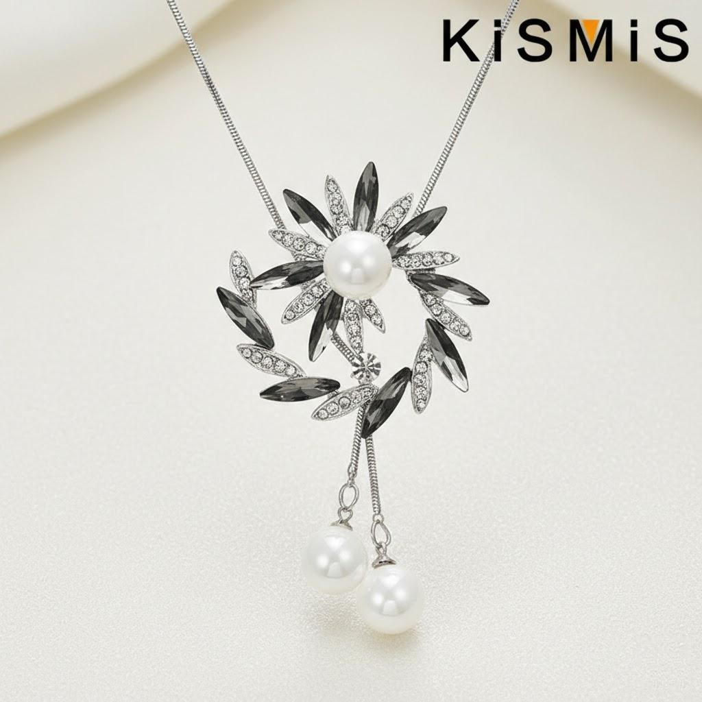 1pc Faux Pearl Large Round Flower Crystal Long Necklace Pendant Women Jewelry Fashion Sweater Chain серый