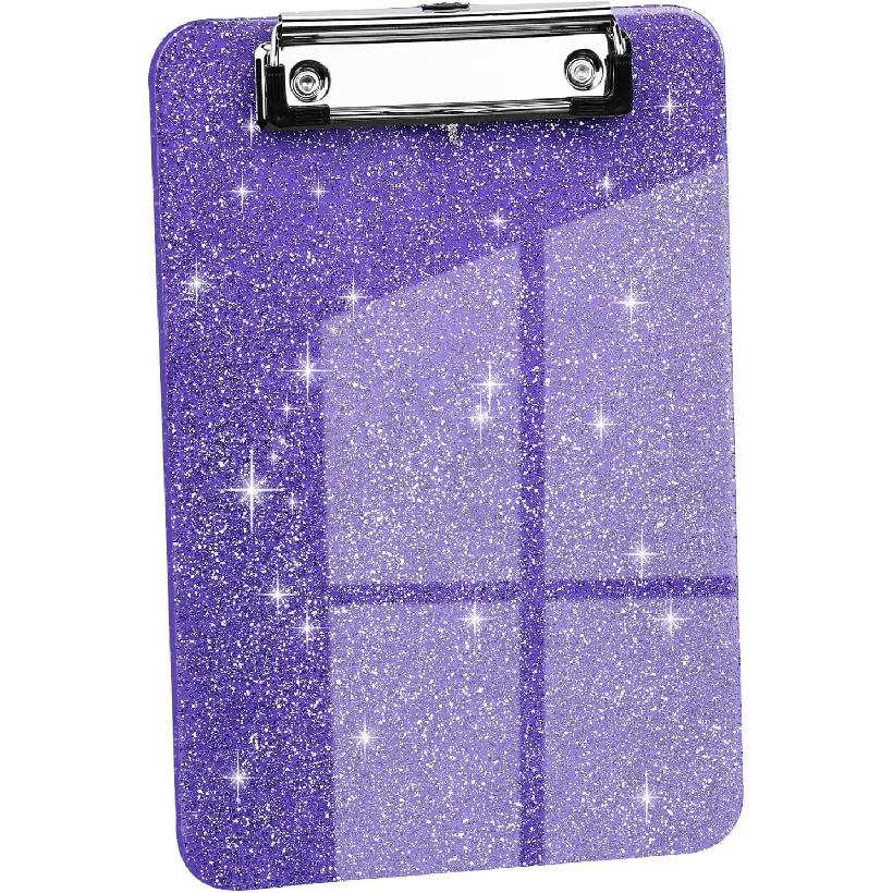 1 Pcs Clear Glitter Clipboards, Plastic Clipboard with Pen Holder, Size 8.85 x 12.4 in Shiny Clipboards with Low Profile Clip, Cute Hanging Clipboard