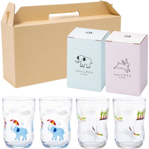 Tsuyoiko Glasses, Medium, Hide and Seek, Set of 2 Elephants and 2 Rabbits, Craft Box, Made in Japan, Durable, Shatter-Resistant, Tempered Glass, Easy