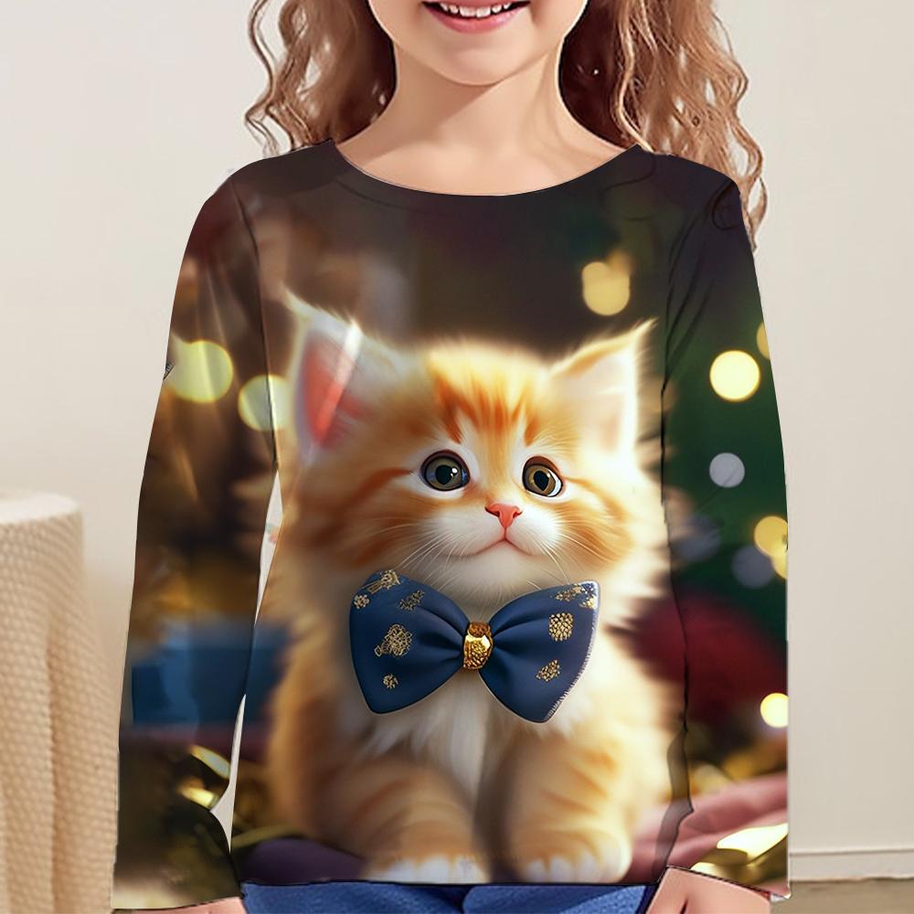 Cute Cartoon Cat Print Clothes Autumn Children Top Round Neck Long Sleeve T-Shirt Fashionable Comfortable Versatile Leisure T-shirt