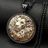 Vintage Lion King Head Glass Round Medal Pendant Necklace for Women Men Gold Plated Stainless Steel Animal Lover Chain Jewelry