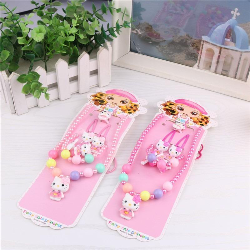 Set de joyería de dibujos animados para niñas - collar de princesa de perlas, anillo, pinza para el pelo y goma para el pelo, set de 5 piezas