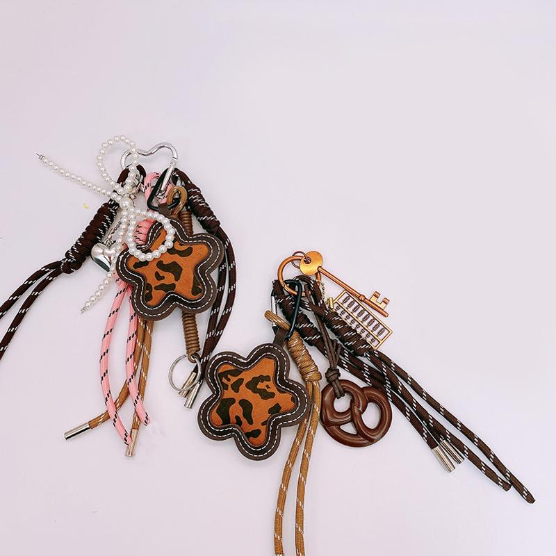 Matte Leopard Print Flower Bag Hanging Exquisite DIY Braided Rope Car Keychain Key Chains for Women