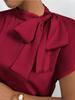 Women Summer Minimalist Shirt Elegant Women's Satin Pink Short Sleeved Lace-up Bow Neck Casual Fitting Office Shirt