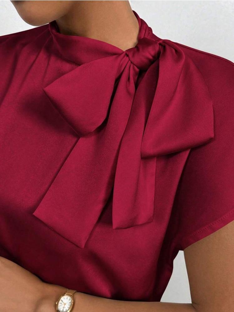 Women Summer Minimalist Shirt Elegant Women's Satin Pink Short Sleeved Lace-up Bow Neck Casual Fitting Office Shirt