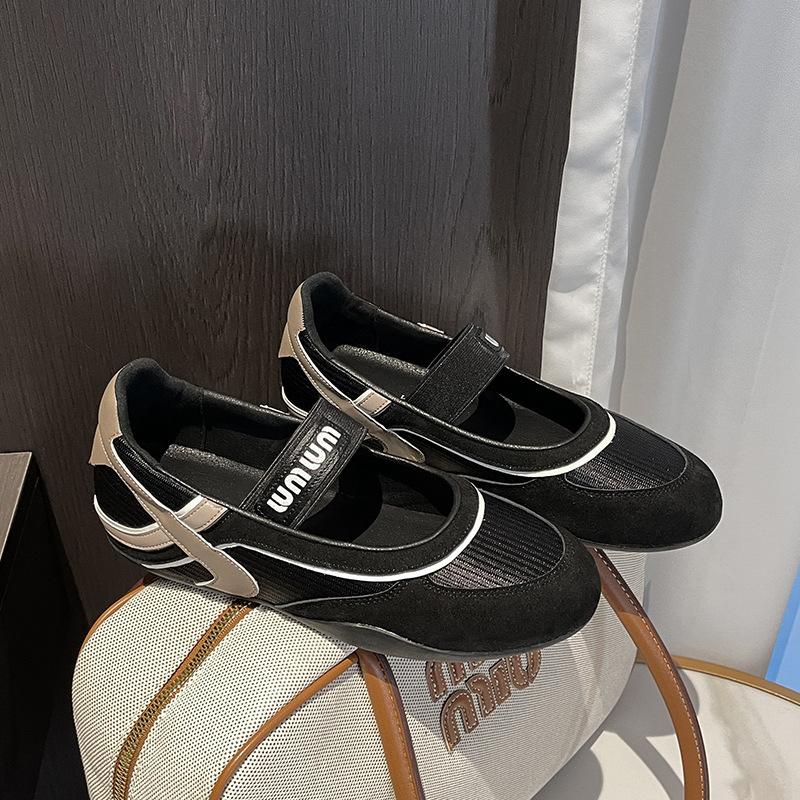 2025 New Spring and Summer Leather Mesh Color Matching Flat-soled Single Shoes Women's Round Head and One Pedal Casual Mary Jane Shoes Women