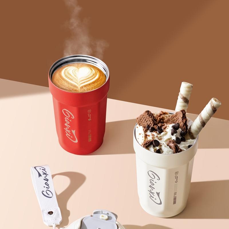 Coffee Thermos Cup with Handles Rope Stainless Steel Vacuum Flask Portable Thermal Insulation Cups Drinkware