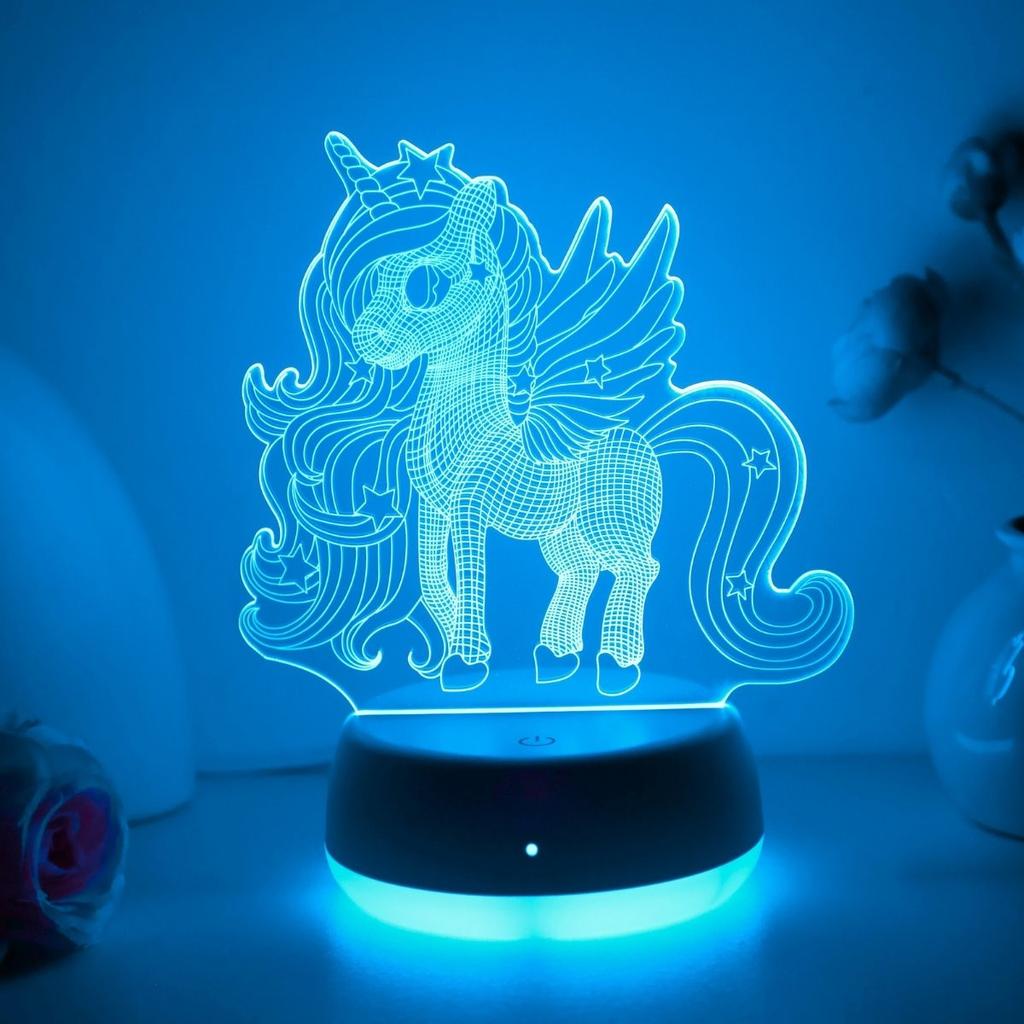 USB unicorn 3D night light, touch controlled 7 color changing ambient lights, bedroom desktop party decoration and gift lights.