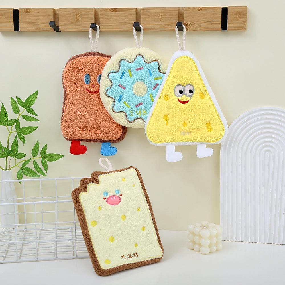 Cheese Toast Cute Cartoon Hand Towel, Kitchen and Bathroom Hanging Quick Drying Cloth, Coral Fleece Thick Towel