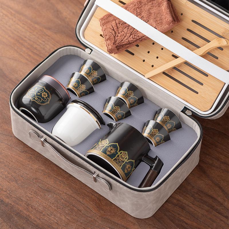 High-end Leather Bag Travel Kung Fu Tea Set Ceramic One Pot Three Four Six Cups Company Commemorative Gift