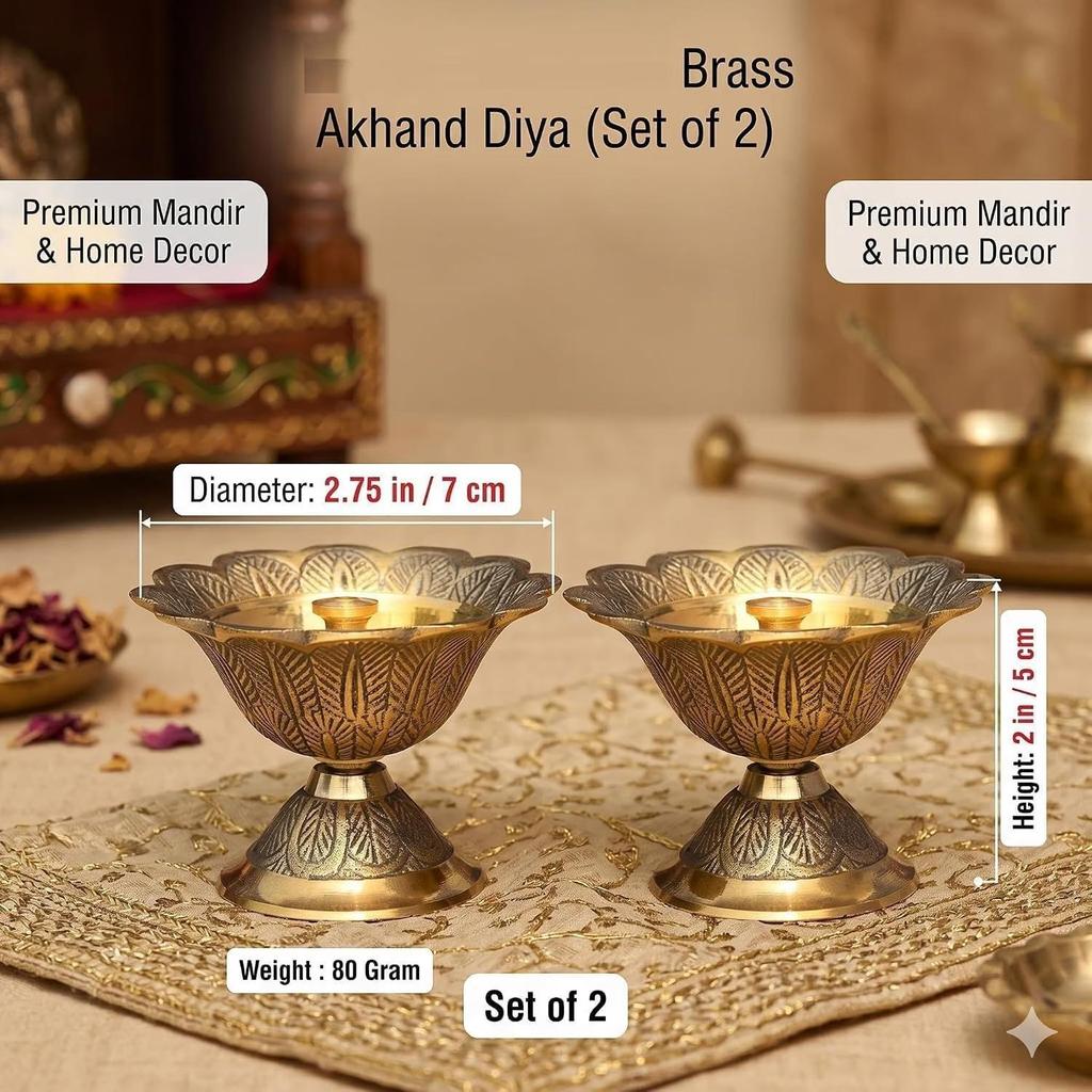 Brass Akhand Diya/Oil Lamp for Pooja, Mandir and Home Decoration (L-2.75inch) 2pcs