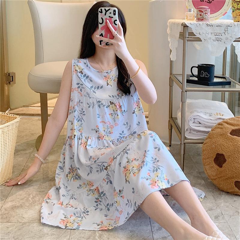 Women's Cotton and Silk Nightgown Summer Thin Internet Celebrity Large Size Printed Pajamas New Sleeveless Loungewear