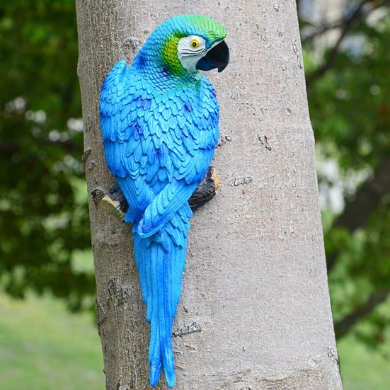 Tree Stump Parrot Ornament, Waterproof Resin Parrot Statue with Realistic Feather Texture, Outdoor Wall Mount Macaw Bird Ornament for Garden Tree