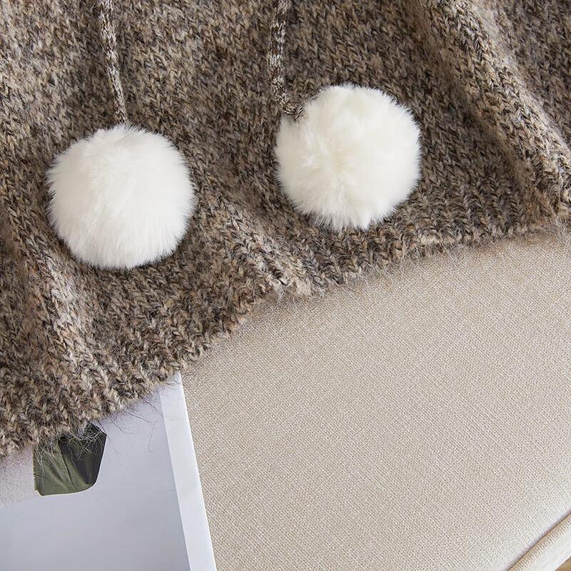 Women's Loose Fit Hooded Wool Blend Sweater with Large Faux Fur Collar