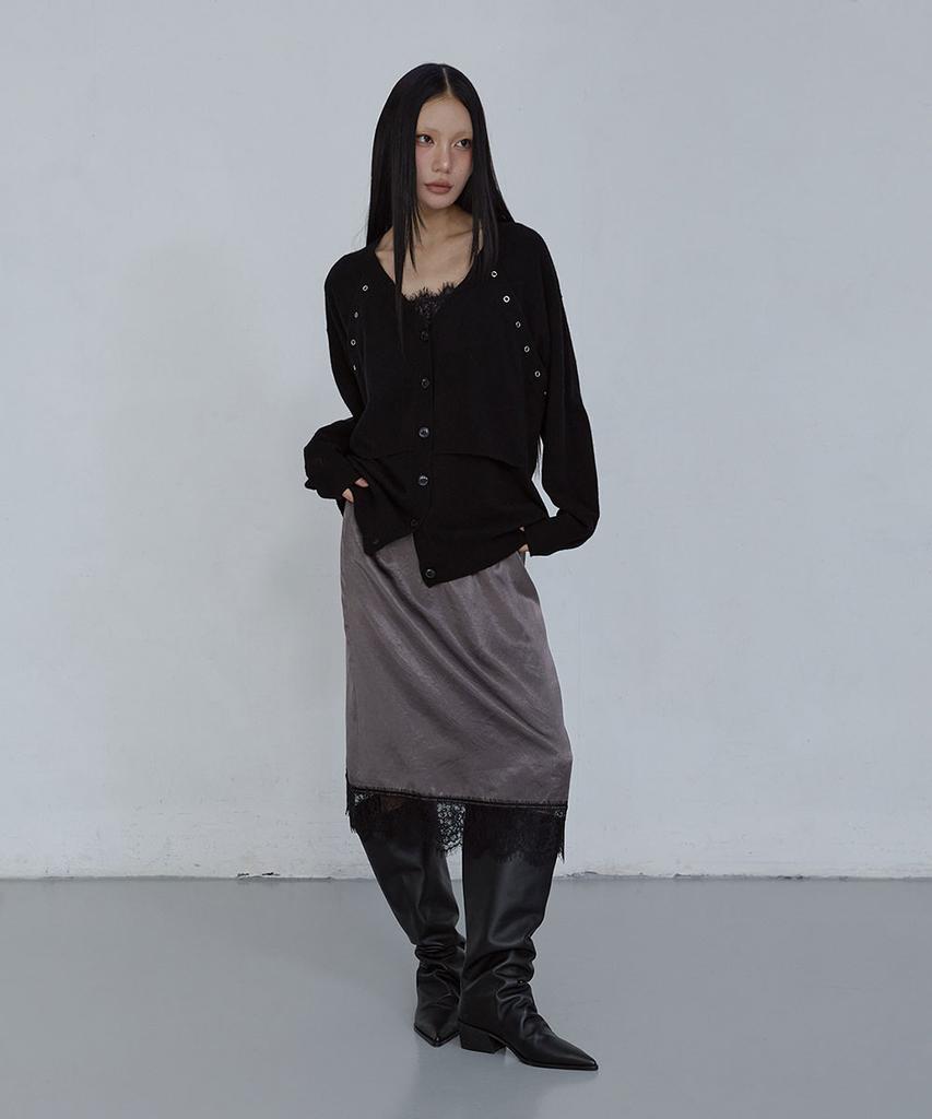 Uusoo Relaxed Eyelet Wool Cardigan_ Black