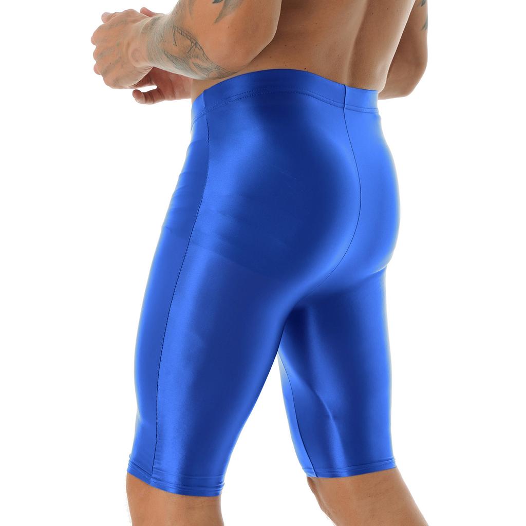 Mens Glossy High Waist Shorts Elastic Sports Leggings Workout Swimwear Gym Bottoms