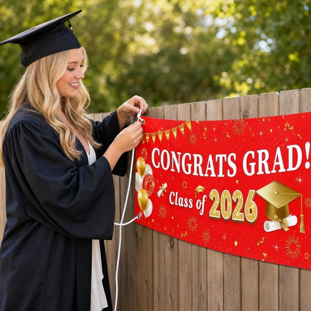 Graduation Banner Outdoor Yard Decoration Congrats Class of 2026 Banner Fabric Hanging Background 200x45cm Graduation Party Supplies