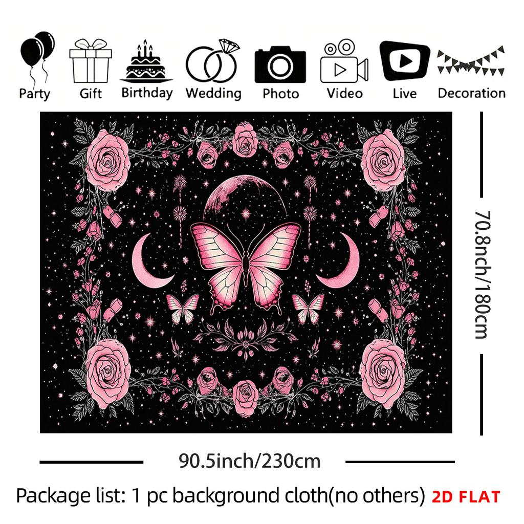 2D Flat, [2D Flat Printing] 1 Large Size Pattern Printing Tapestry- Pink Butterfly, Roses, Moon Phases, Starry Night, Floral Frame., Room Wall Decorat