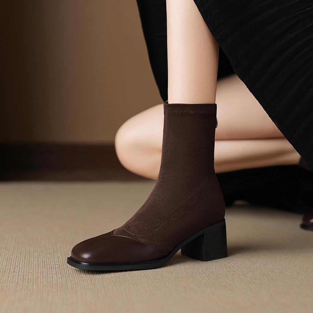 Krazing Pot Microfiber Flock Round Toe Med Heels Elastic Boots Size 43 Slip On Women Patch Work Ankle Boots