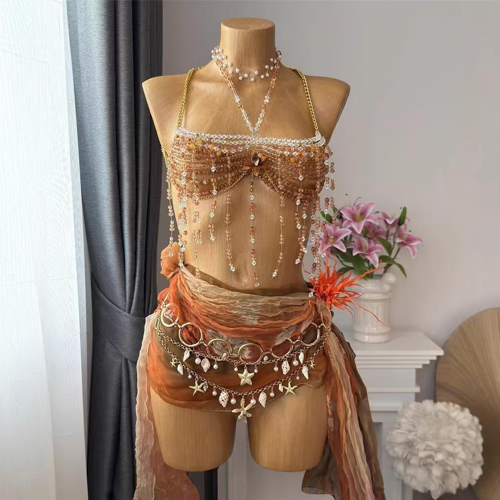 European Handmade Beaded Tassel Chest Chain - Strappy Back Beach Party Accessory