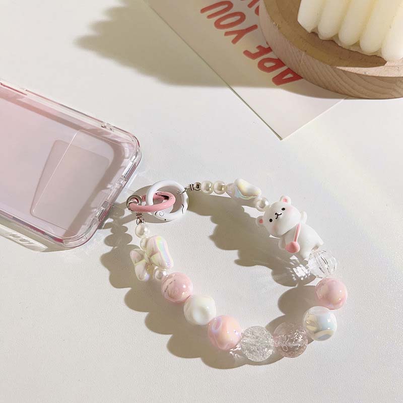 Cartoon Bear Love Beads Chain Mobile Phone Lanyard Short Styles Pendant Keychain Pendant Anti-fall Hanging Cord Jewelry Straps
