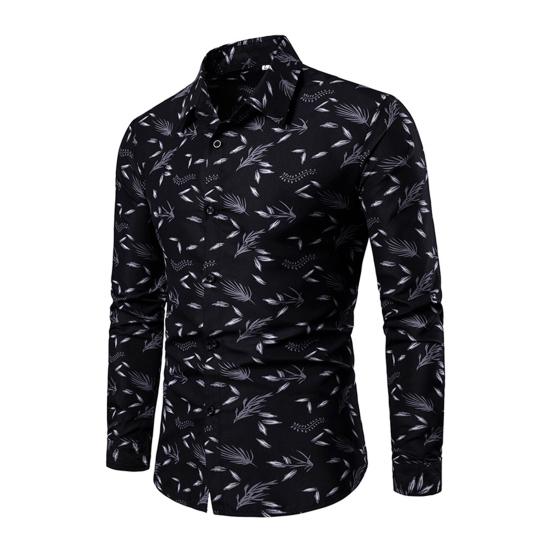 Men Shirt Leaf Print Single-breasted Streetwear Slim-fitting Buttoned Shirt for Spring Summer Autumn Winter