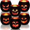 Conjunto de decoração de mesa de Halloween com 6, porta-velas votivas de vidro preto Jack O Lanterns Tealight, decorações de Halloween para festa interna, mesa de centro