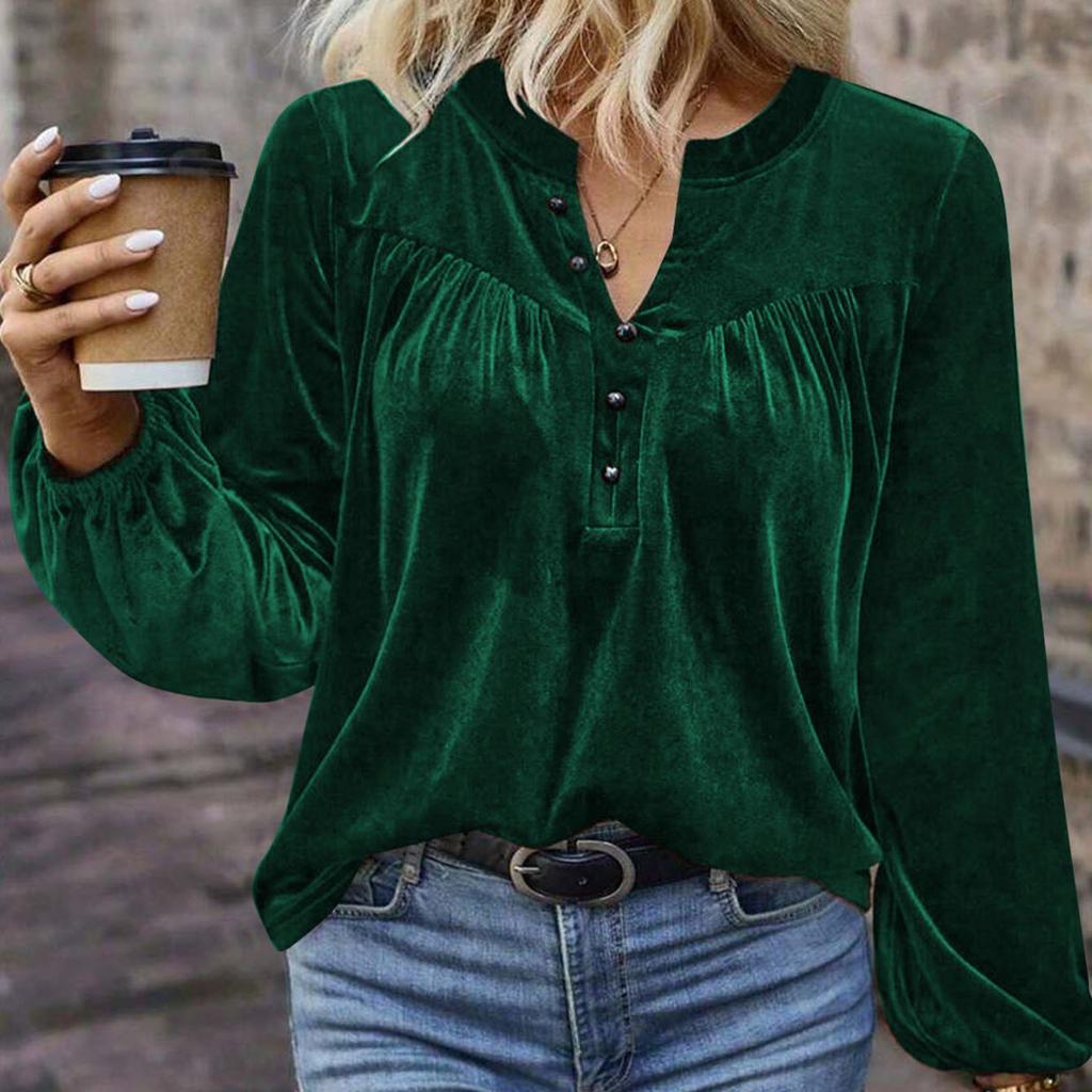 Spring and Autumn New Solid Color Pullover V-Neck Casual Temperament Commuter Button Long Sleeve Top Women