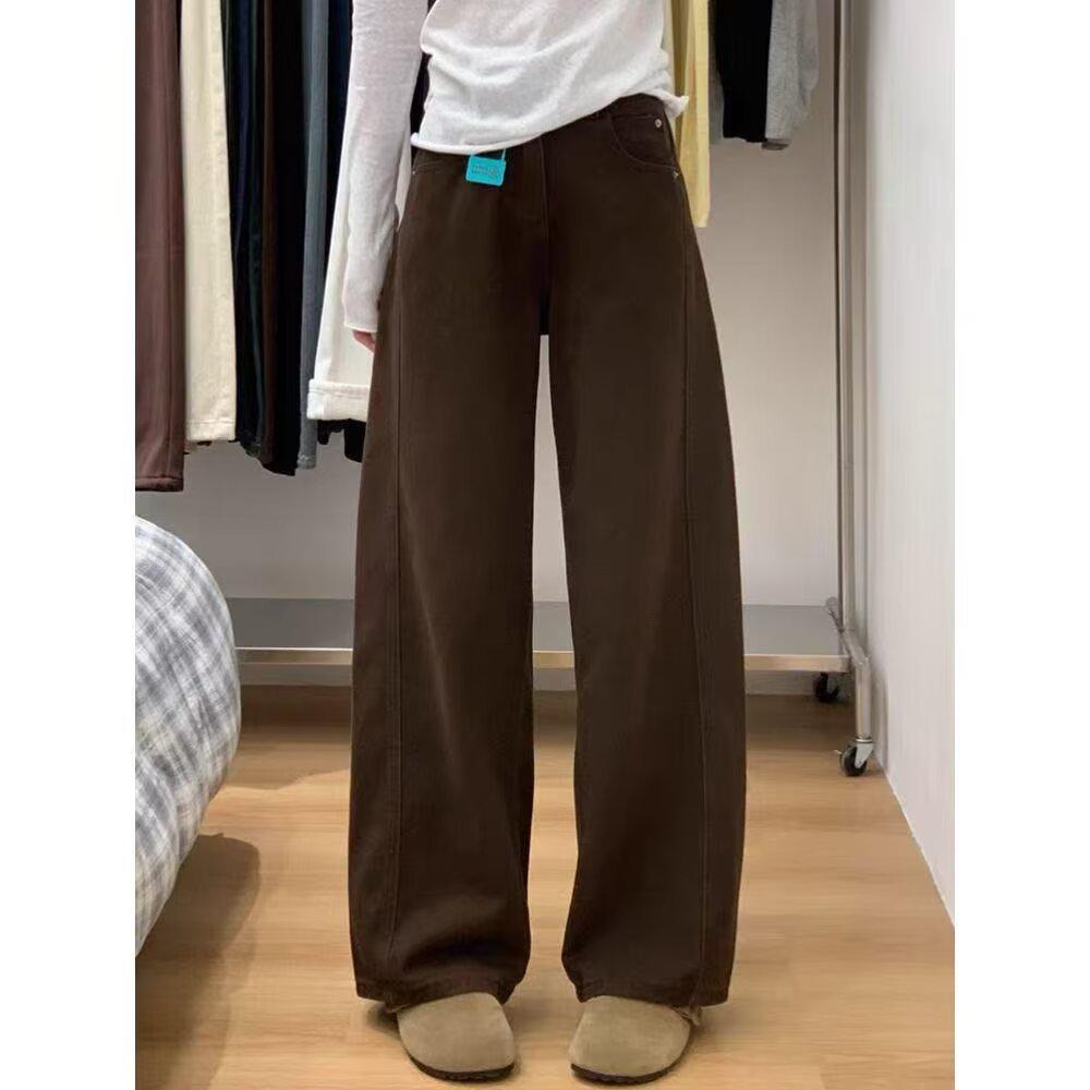Women's Retro Coffee Curved Leg High-Waist Wide-Leg Jeans - Loose Fit, Slimming, Versatile, Perfect for Spring & Autumn