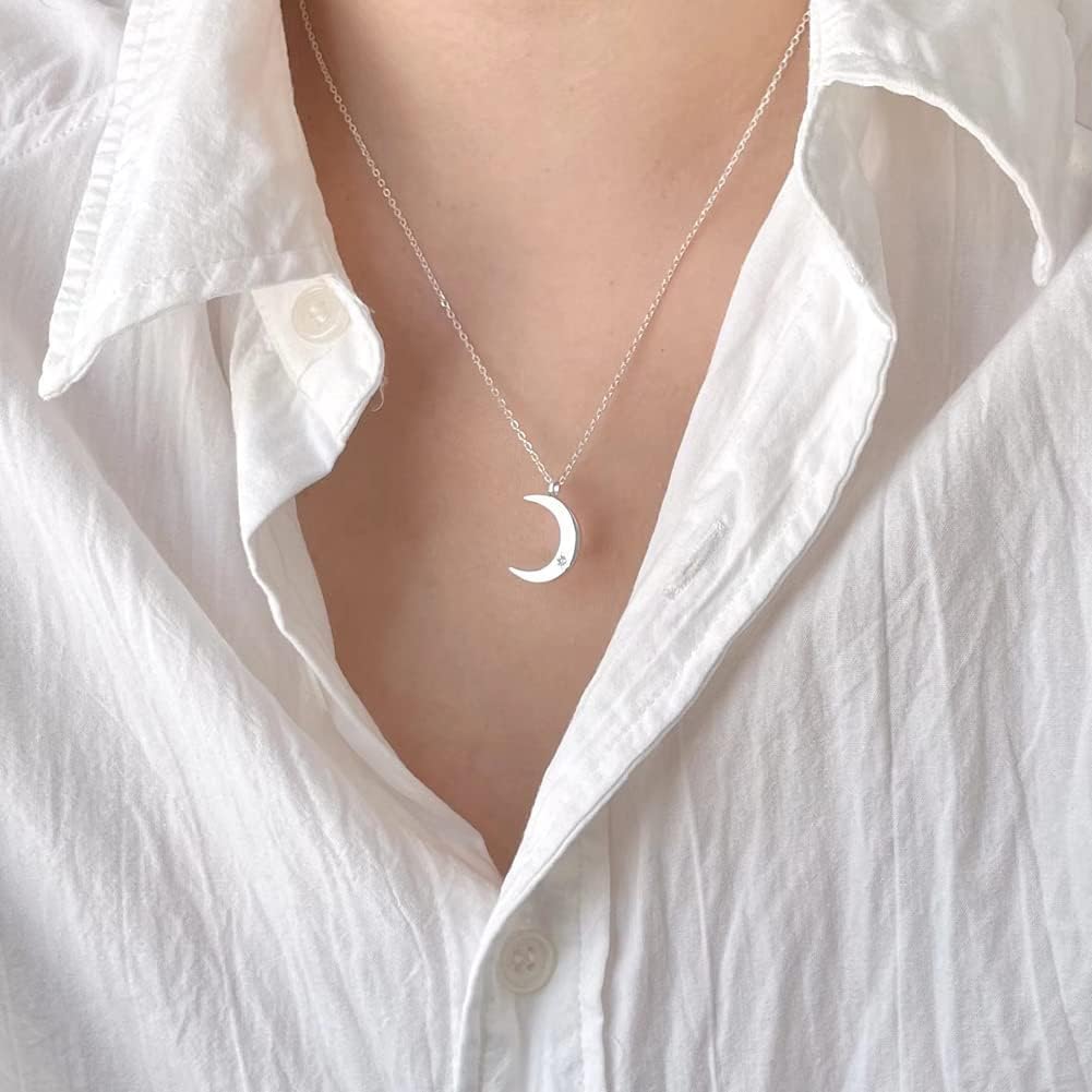 Moon Necklace for Silver Sterling Silver Crescent Moon Clavicle Popular Day Gift [Rockyu] Women, & Gold, 925, Zirconia, Pendant, Cute, Chain,