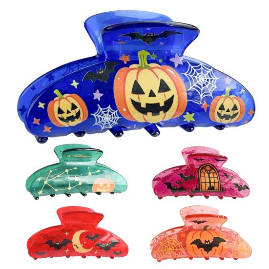 Hair Claw for Women, Halloween Themed Hair Clip with Pumpkins Bats Skeletons Prints, Transparent Acrylic Shark Hair Claw, Comfortable Fit Hair